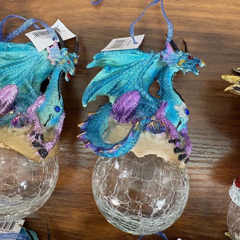 Mystical Dragons Holiday Ornaments on Crystal Ball and Resin Dragons‎ Lot of 7